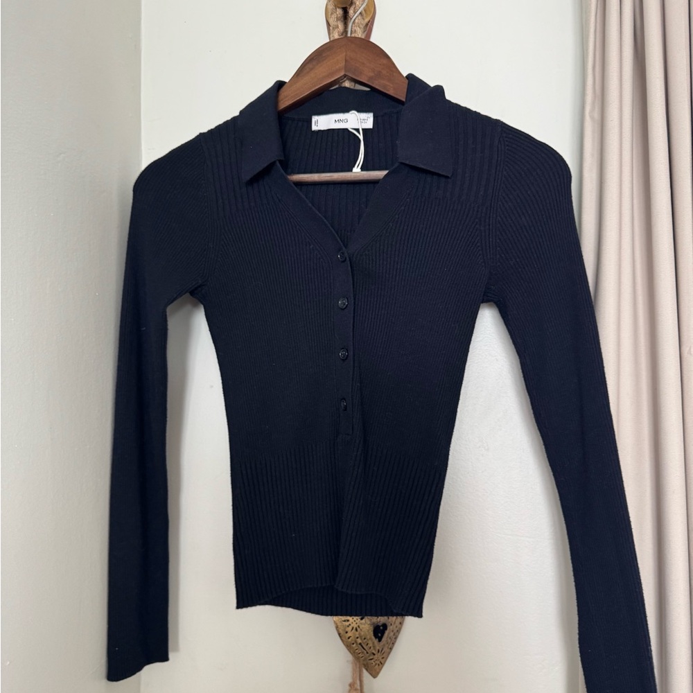 Mango Blue Ribbed Button-Up Top (Navy)